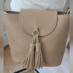 New Vegan Leather Tassel Handbag Purse Shoulder Bag Crossbody Adjustable Beige
